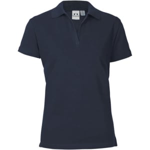 A navy women's polo shirt with a collar and short sleeves, featuring a logo on the chest area.
