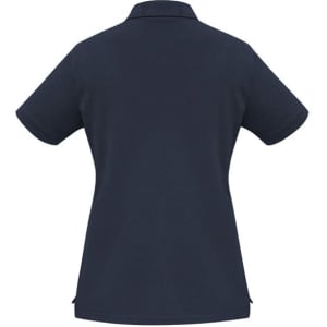 A navy short sleeve polo shirt featuring a collar and a brand logo on the fabric.