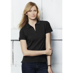 A women's short sleeve polo shirt in black, featuring a classic collar and a branded logo.