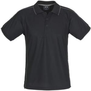 A black men's short sleeve polo shirt featuring contrasting trim and a collar. It has a logo on the front.