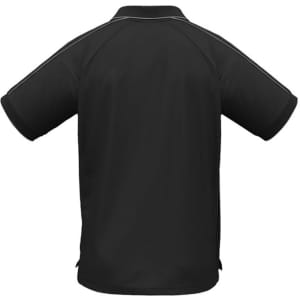 A black men's short sleeve polo shirt featuring a simple design and a logo on the back.