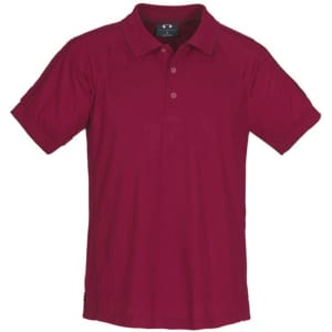 A maroon short sleeve polo shirt featuring a collar and a logo. Suitable for casual wear.