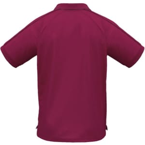 A maroon short sleeve polo shirt with a back view, featuring a logo.
