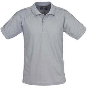 A grey men's short sleeve polo shirt with a collar and a logo on the upper left side.