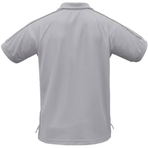 A grey short sleeve polo shirt with a logo, featuring a standard collar and side slits for comfort.