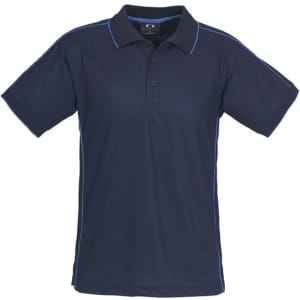 A navy blue short sleeve polo shirt with contrasting blue piping and a logo on the chest.