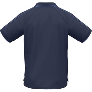 A navy blue men's short sleeve polo shirt featuring contrasting side stripes and a collar. It includes a logo on the front.