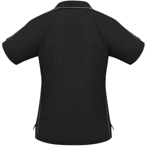 A black women's short sleeve polo shirt with contrasting details and a logo on the chest.