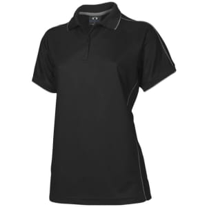 A black women's polo shirt with short sleeves and contrasting trim, featuring a logo on the chest.