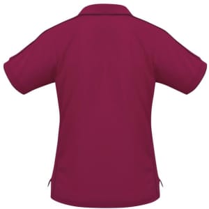A burgundy women's polo shirt with a short sleeve design and a collar, featuring a logo.