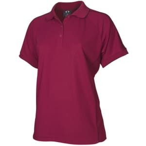 A women's short sleeve polo shirt in a rich burgundy colour, featuring a collar and a logo.