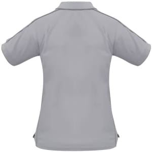 A grey short sleeve polo shirt with a collar and a branded logo on the back.