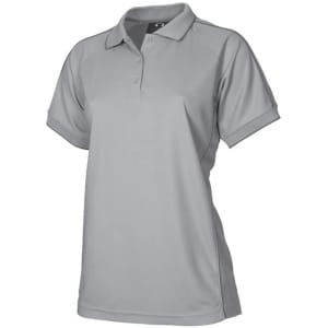 A grey women's short sleeve polo shirt with a collar and a logo.