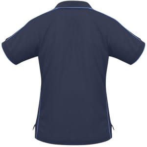 A navy women's polo shirt with short sleeves and a subtle branding design.