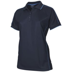 A navy short sleeve polo shirt featuring light blue trim and a logo on the chest.