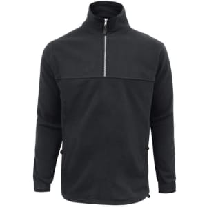 A men's heavyweight fleece jumper in black, featuring a zippered neck and side pockets. It has a logo on the front.