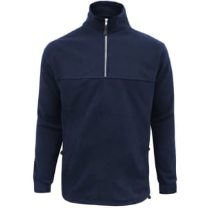A navy blue men's heavy weight fleece jumper featuring a half zip and side pockets. It has a logo on the front.