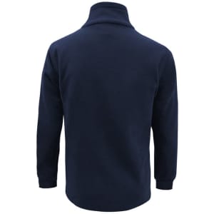 A navy blue men's heavy weight fleece jumper featuring a high collar and long sleeves, with a logo on the back.