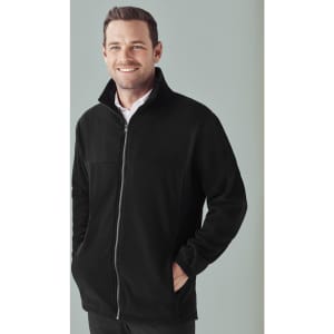 A black micro fleece jacket with a zip front and two side pockets, featuring a logo on the chest.