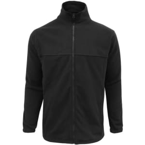 A black micro fleece jacket with a high collar and full front zip, featuring long sleeves and a smooth finish.