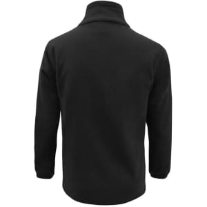 A plain black micro fleece jacket with a high collar and long sleeves, featuring a logo on the back.