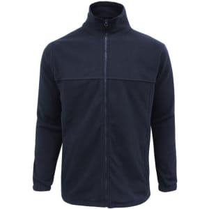 A navy micro fleece jacket with a zip closure and stand-up collar. Features long sleeves and a logo.
