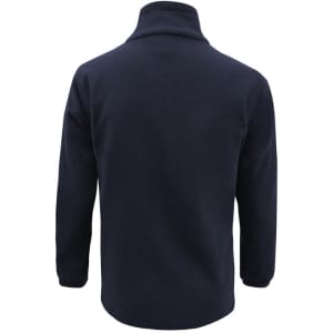 A navy blue men's plain micro fleece jacket with a high collar and long sleeves, featuring a logo.