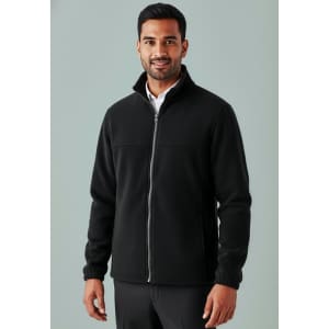 A black micro fleece jacket featuring a full zip and stand-up collar, modelled by a man against a neutral background.