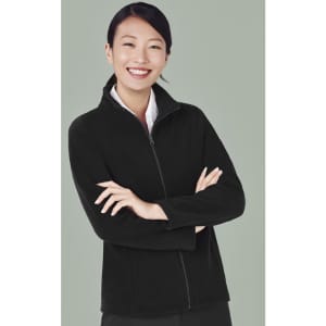 A black women's plain micro fleece jacket features a zip-up front and a standing collar. It has a logo on the chest.