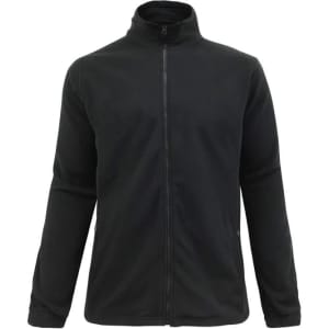 A plain black micro fleece jacket with a zippered front and a high collar, featuring long sleeves and a logo.
