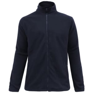 A plain navy micro fleece jacket with a zip front and high collar, featuring long sleeves. It has a branding logo.