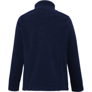 A navy women's plain micro fleece jacket with a high collar and long sleeves. Features a logo on the back.