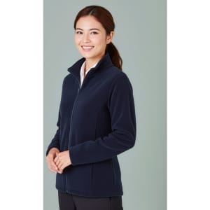 A women's plain micro fleece jacket in navy blue, featuring a zip front and a high collar, displayed on a model.