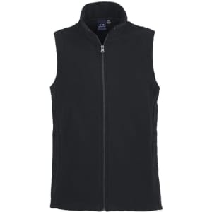 A black micro fleece vest with a zip fastening and stand collar. Features a logo on the upper left side.