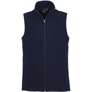 A plain navy micro fleece vest with a high collar and a zip closure, featuring a logo.
