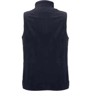 A women's plain micro fleece vest in navy blue, featuring a high collar and no sleeves, displaying a simple design.