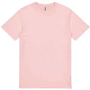 A pink short sleeve T-shirt with a plain design and a visible label at the neckline.
