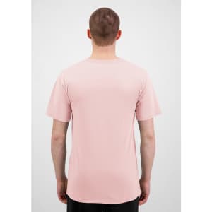 A men's short sleeve tee in a soft pink colour, featuring a plain design and a logo on the back.