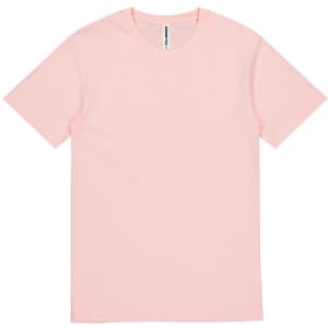 A pink short sleeve T-shirt with a crew neck and a logo tag on the neckline.