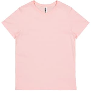 A pink women's short sleeve tee with a basic design and a small brand label inside the collar.