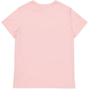 A light pink women's short sleeve tee, featuring a simple design and a branded logo on the back.