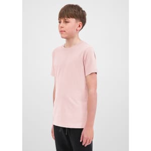 A short sleeve T-shirt in a light pink colour, featuring a simple design and a logo on the front.