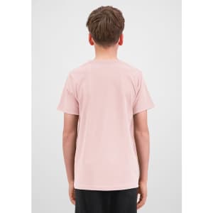 A short sleeve tee in a soft pink colour, viewed from the back. It features a label or logo.