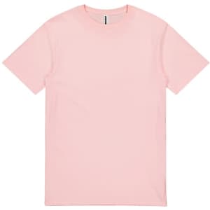 A pink short sleeve T-shirt featuring a crew neckline and a logo on the label.