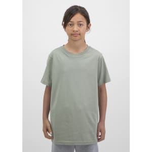 A kids’ short sleeve tee in a muted green colour, featuring a comfortable, relaxed fit. The tee has a simple design and a logo.