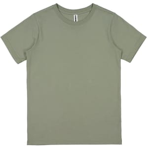 A short sleeve tee in olive green with a simple design and a label. It has a standard fit and no patterns.