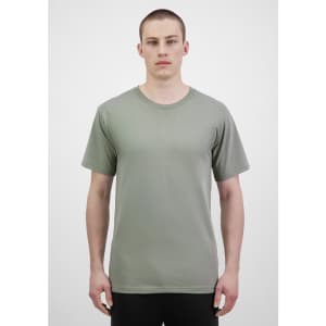 A short sleeve tee in a muted green colour, featuring a basic design and a logo on the front.
