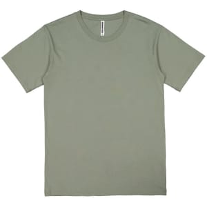 A short sleeve t-shirt in a muted olive green colour, featuring a simple design and a logo at the neckline.