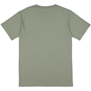 A short sleeve tee in olive green with a simple design and a logo on the back.