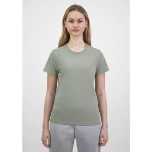 A short sleeve tee in a soft green colour, displayed on a model against a neutral background. It features a logo.